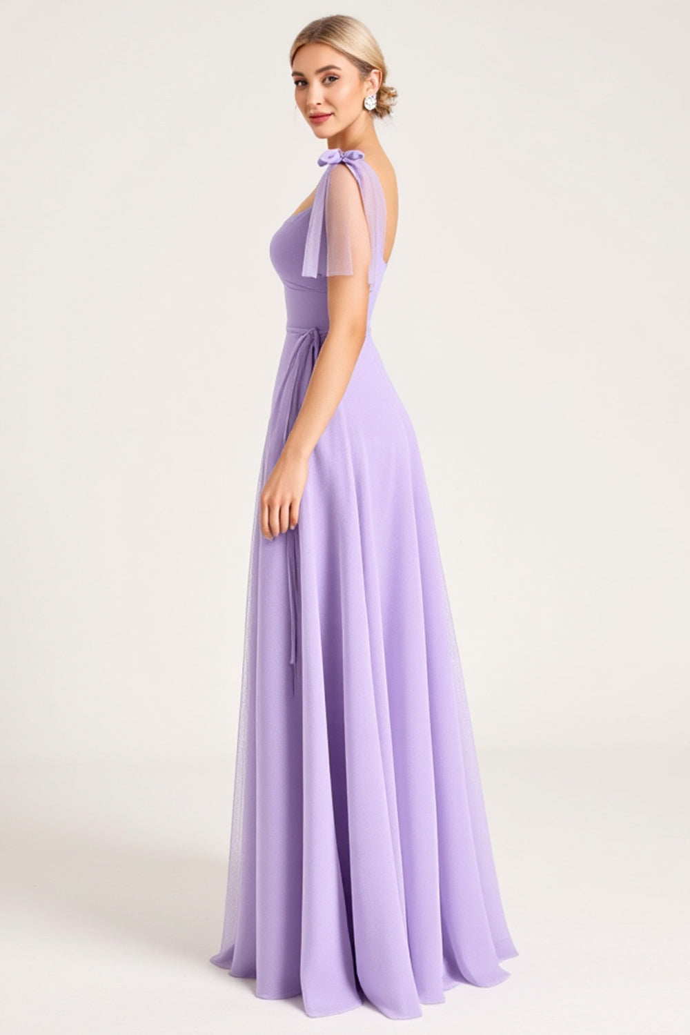 Chiffon Lilac A Line Tie-up Shoulder Straps Long Bridesmaid Dress with Slit