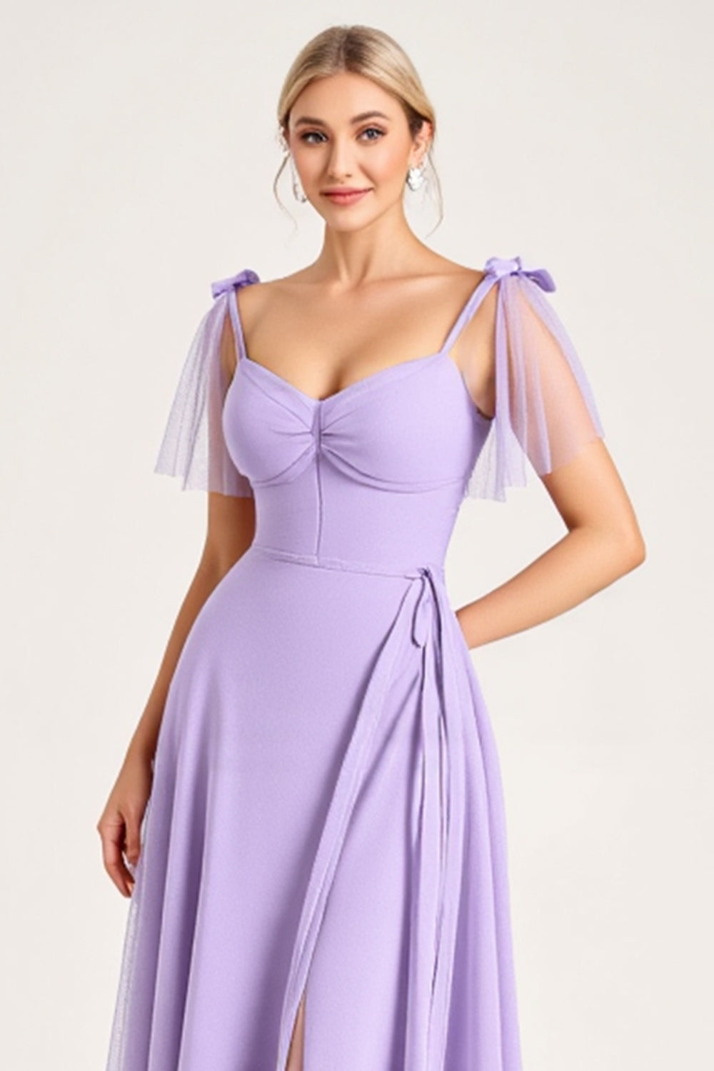 Chiffon Lilac A Line Tie-up Shoulder Straps Long Bridesmaid Dress with Slit