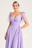 Chiffon Lilac A Line Tie-up Shoulder Straps Long Bridesmaid Dress with Slit