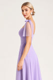 Chiffon Lilac A Line Tie-up Shoulder Straps Long Bridesmaid Dress with Slit