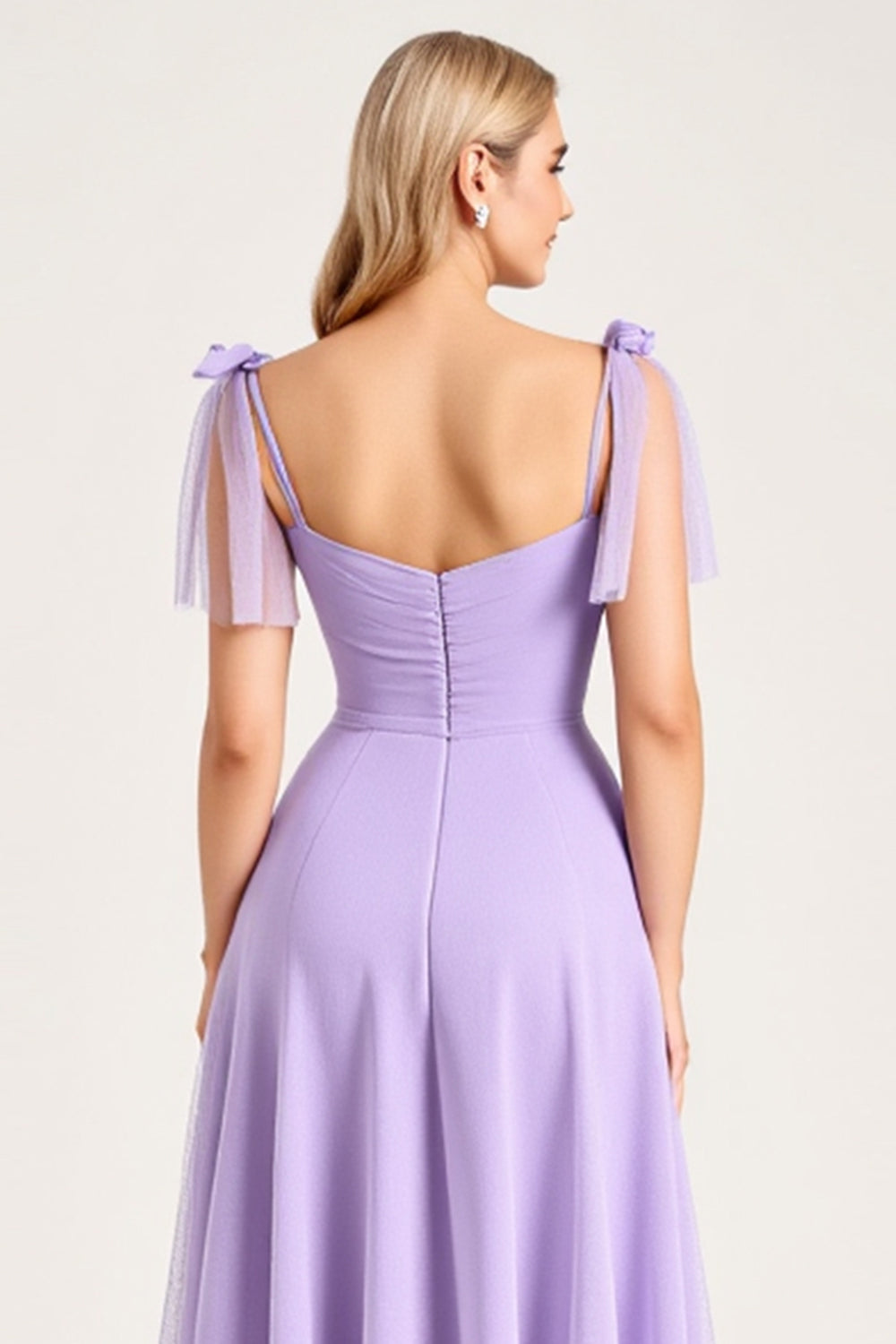 Chiffon Lilac A Line Tie-up Shoulder Straps Long Bridesmaid Dress with Slit