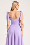 Chiffon Lilac A Line Tie-up Shoulder Straps Long Bridesmaid Dress with Slit