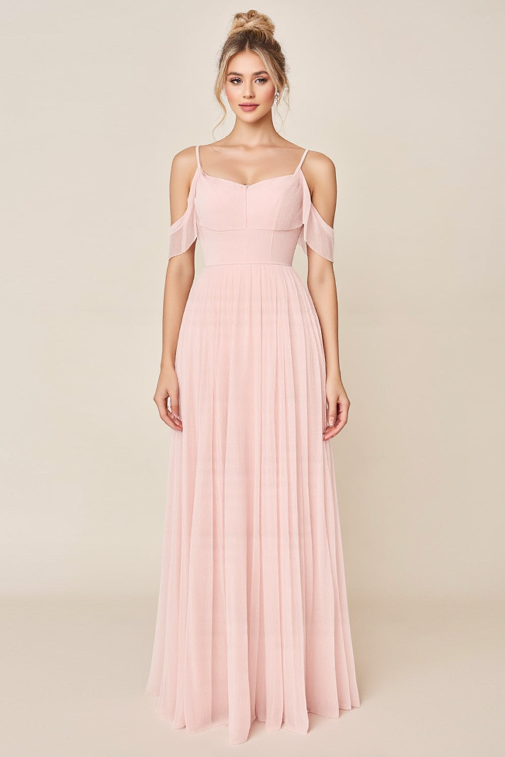 Blush Pink A Line Cold Shoulder Tulle Long Bridesmaid Dress