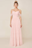 Blush Pink A Line Cold Shoulder Tulle Long Bridesmaid Dress
