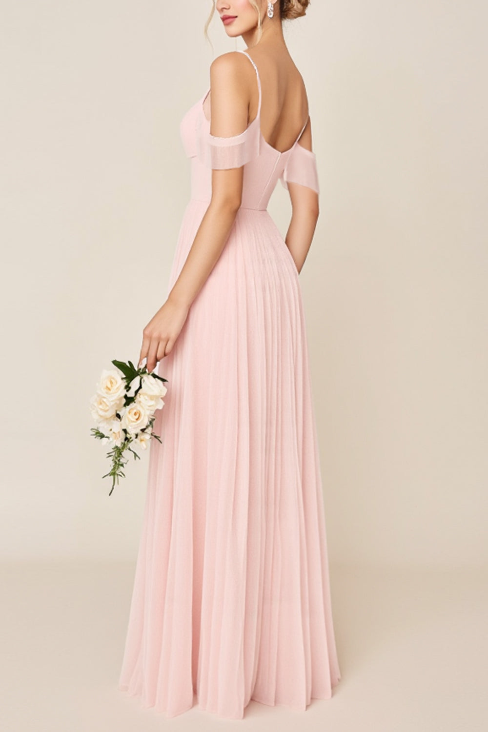 Blush Pink A Line Cold Shoulder Tulle Long Bridesmaid Dress
