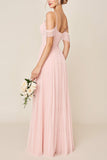Blush Pink A Line Cold Shoulder Tulle Long Bridesmaid Dress