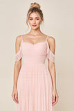 Blush Pink A Line Cold Shoulder Tulle Long Bridesmaid Dress