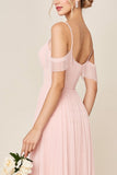 Blush Pink A Line Cold Shoulder Tulle Long Bridesmaid Dress