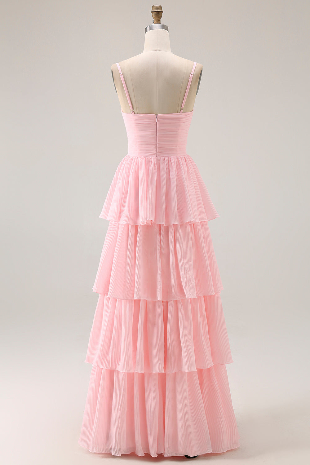 Candy Pink Tulle Spaghetti Straps A Line Ruffled Tiered Long Bridesmaid Dress
