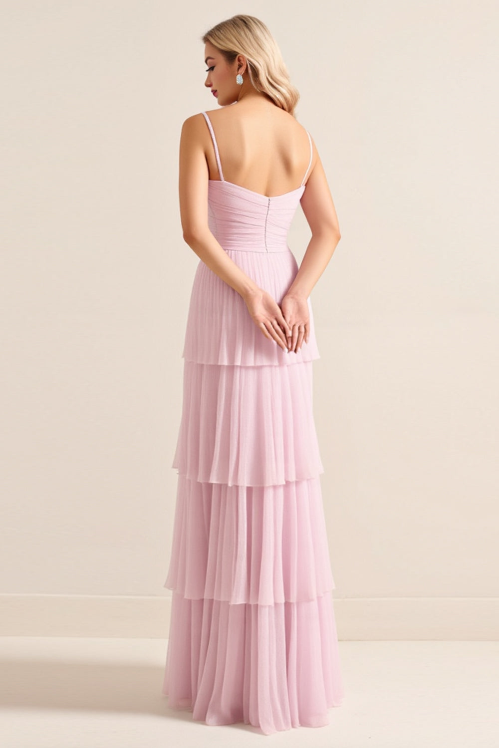 Candy Pink Tulle Spaghetti Straps A Line Ruffled Tiered Long Bridesmaid Dress