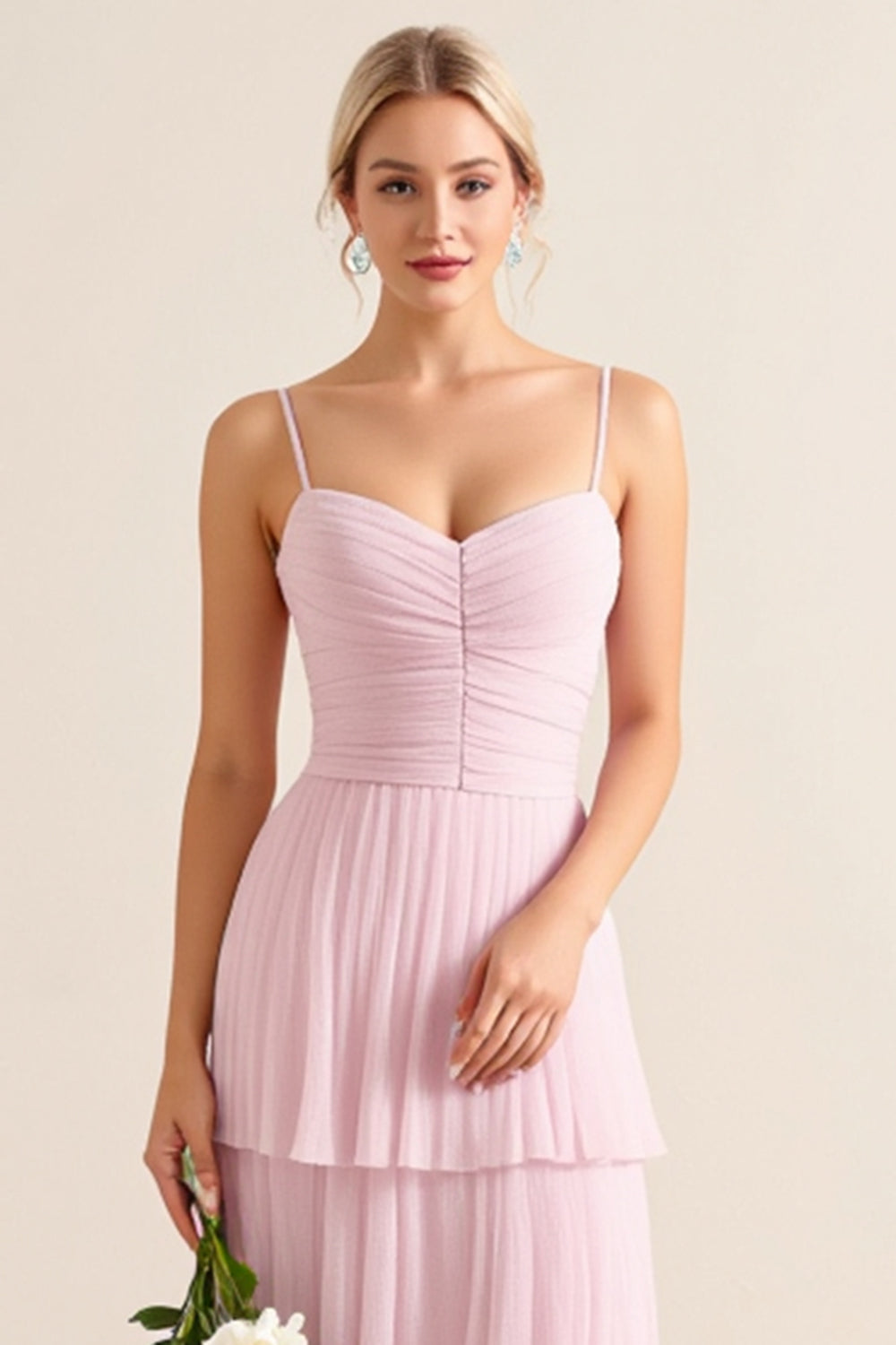 Candy Pink Tulle Spaghetti Straps A Line Ruffled Tiered Long Bridesmaid Dress