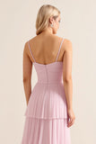 Candy Pink Tulle Spaghetti Straps A Line Ruffled Tiered Long Bridesmaid Dress