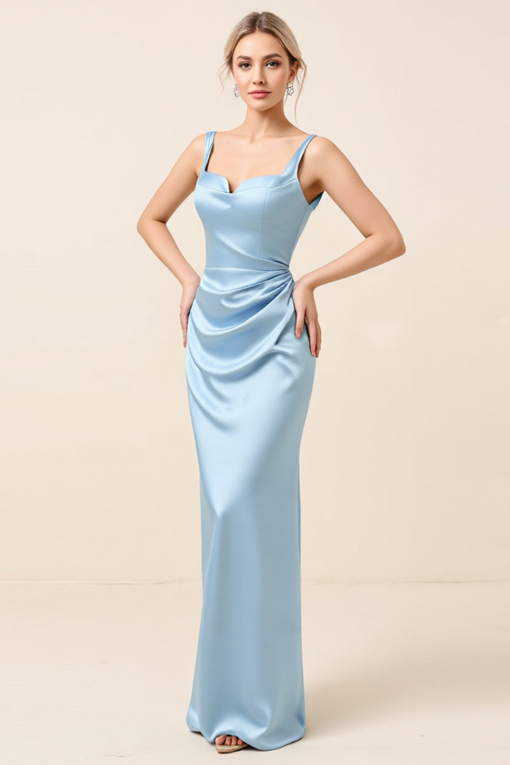 Sky Blue Satin Ruched Spaghetti Straps Sheath Long Formal Dress