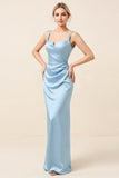 Sky Blue Satin Ruched Spaghetti Straps Sheath Long Formal Dress