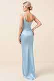 Sky Blue Satin Ruched Spaghetti Straps Sheath Long Formal Dress