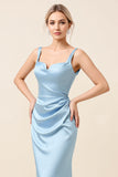 Sky Blue Satin Ruched Spaghetti Straps Sheath Long Formal Dress