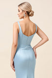 Sky Blue Satin Ruched Spaghetti Straps Sheath Long Formal Dress