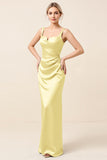 Sky Blue Satin Ruched Spaghetti Straps Sheath Long Formal Dress