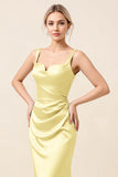 Sky Blue Satin Ruched Spaghetti Straps Sheath Long Formal Dress
