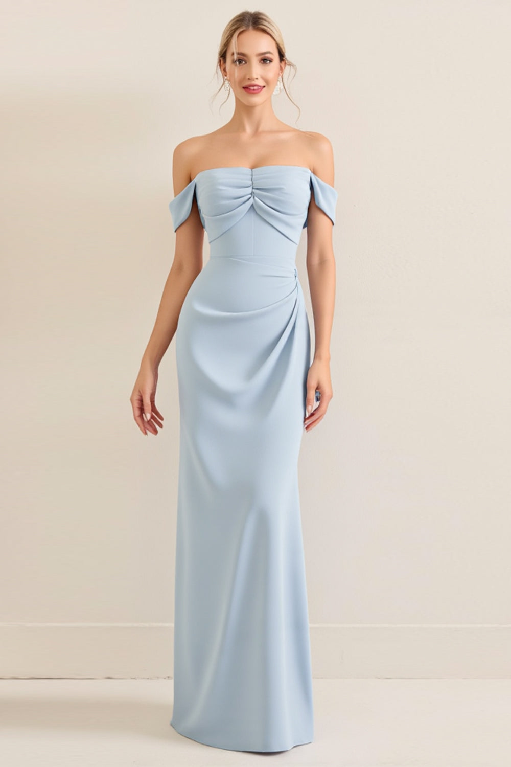 Sky Blue Off The Shoulder Satin Sheath Long Bridesmaid Dress