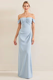 Sky Blue Off The Shoulder Satin Sheath Long Bridesmaid Dress