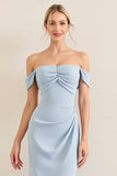 Sky Blue Off The Shoulder Satin Sheath Long Bridesmaid Dress