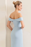 Sky Blue Off The Shoulder Satin Sheath Long Bridesmaid Dress