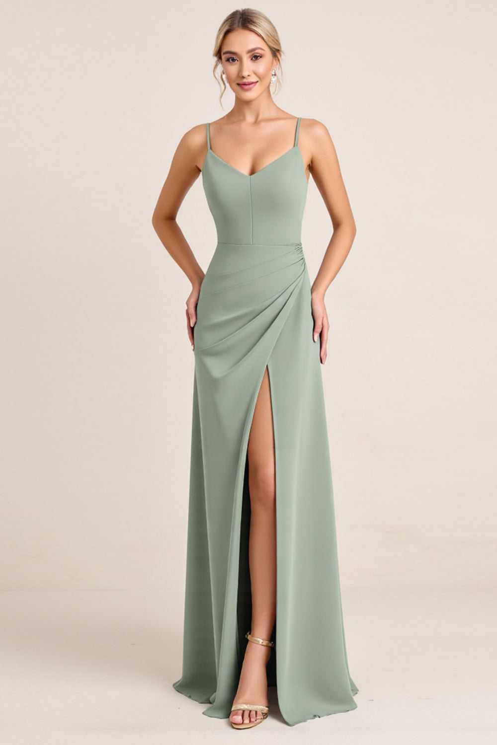 Matcha Sheath Long Spaghetti Straps Bridesmaid Dress with Slit