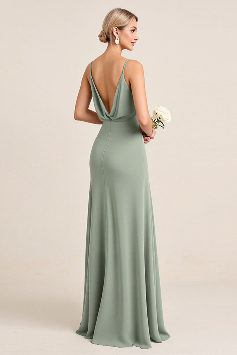 Matcha Sheath Long Spaghetti Straps Bridesmaid Dress with Slit