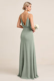 Matcha Sheath Long Spaghetti Straps Bridesmaid Dress with Slit