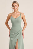 Matcha Sheath Long Spaghetti Straps Bridesmaid Dress with Slit