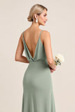Matcha Sheath Long Spaghetti Straps Bridesmaid Dress with Slit