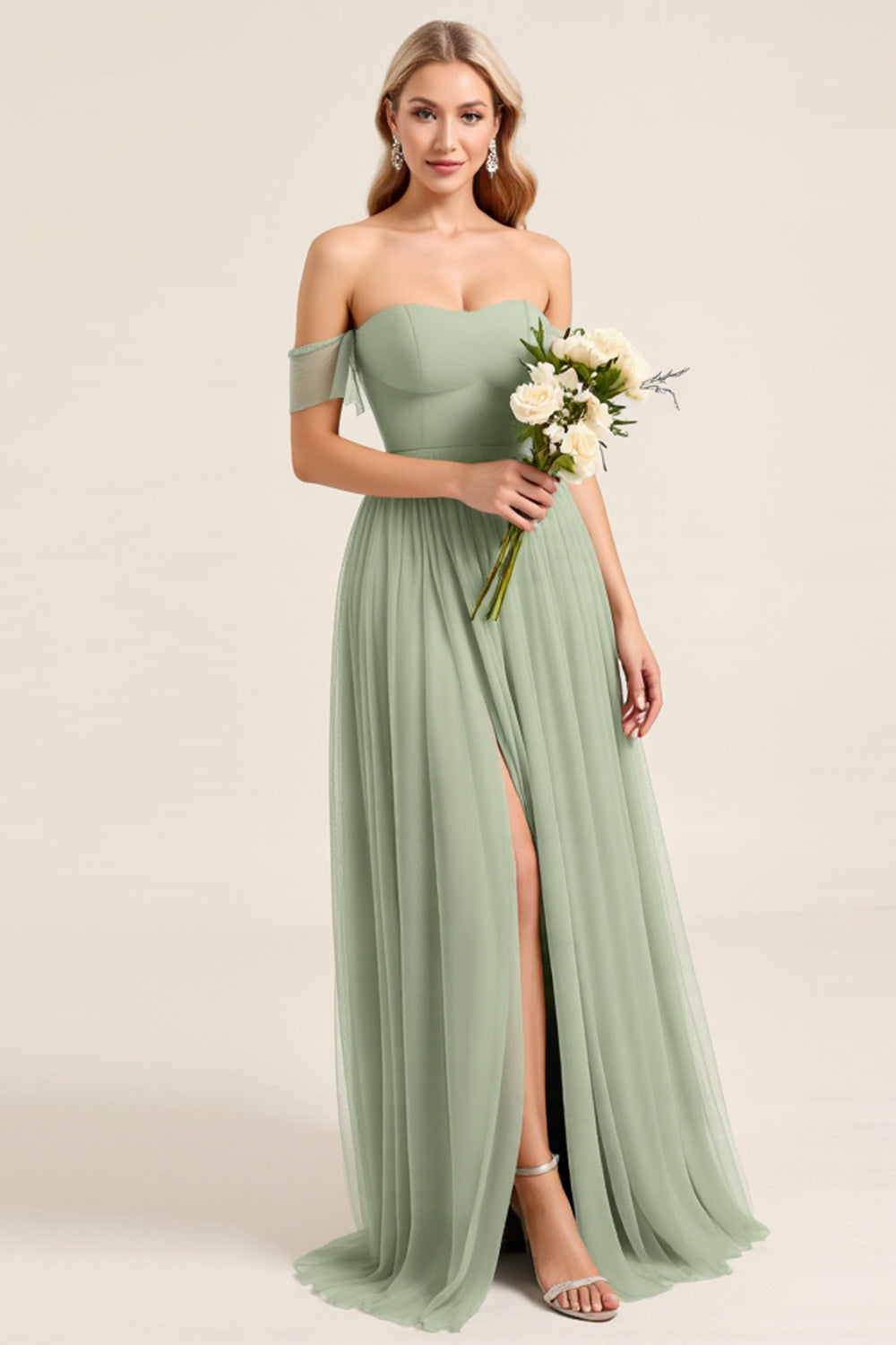 Matcha Chiffon A Line Off The Shoulder Long Bridesmaid Dress with Slit