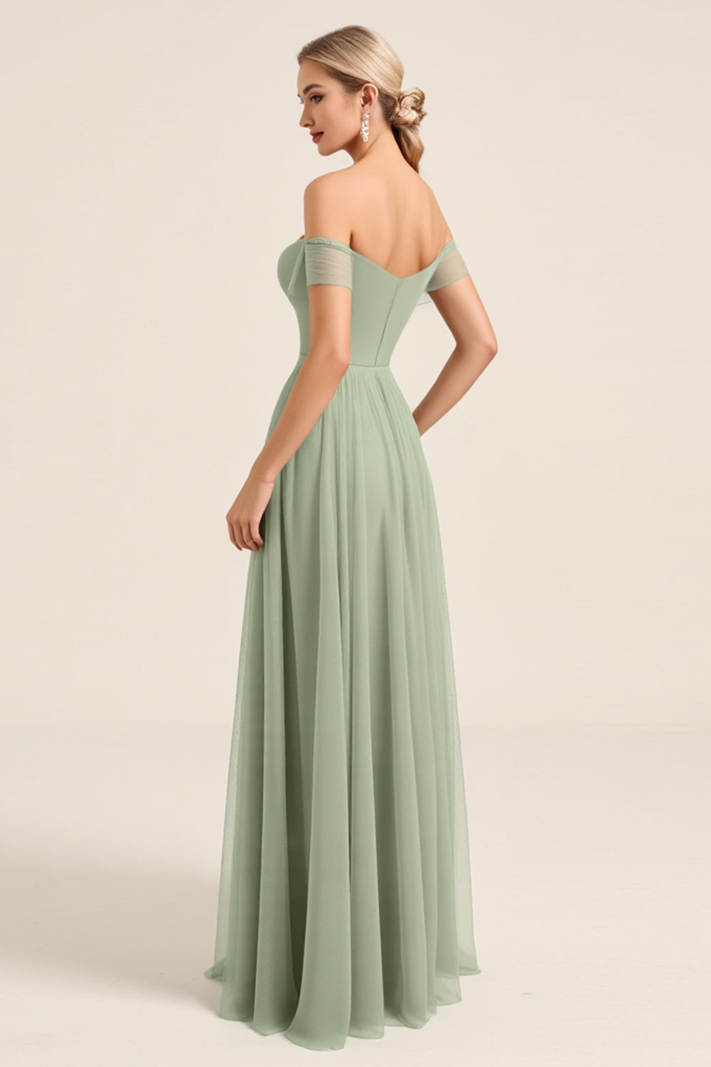 Matcha Chiffon A Line Off The Shoulder Long Bridesmaid Dress with Slit