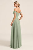 Matcha Chiffon A Line Off The Shoulder Long Bridesmaid Dress with Slit