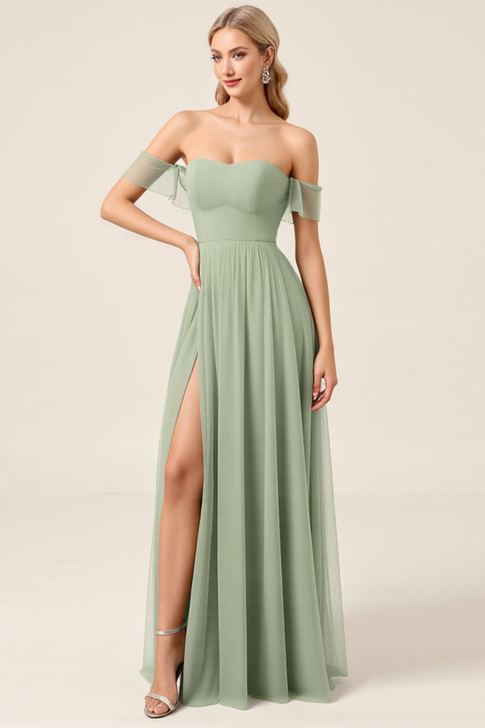 Matcha Chiffon A Line Off The Shoulder Long Bridesmaid Dress with Slit