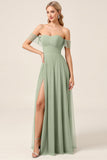 Matcha Chiffon A Line Off The Shoulder Long Bridesmaid Dress with Slit