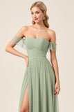 Matcha Chiffon A Line Off The Shoulder Long Bridesmaid Dress with Slit