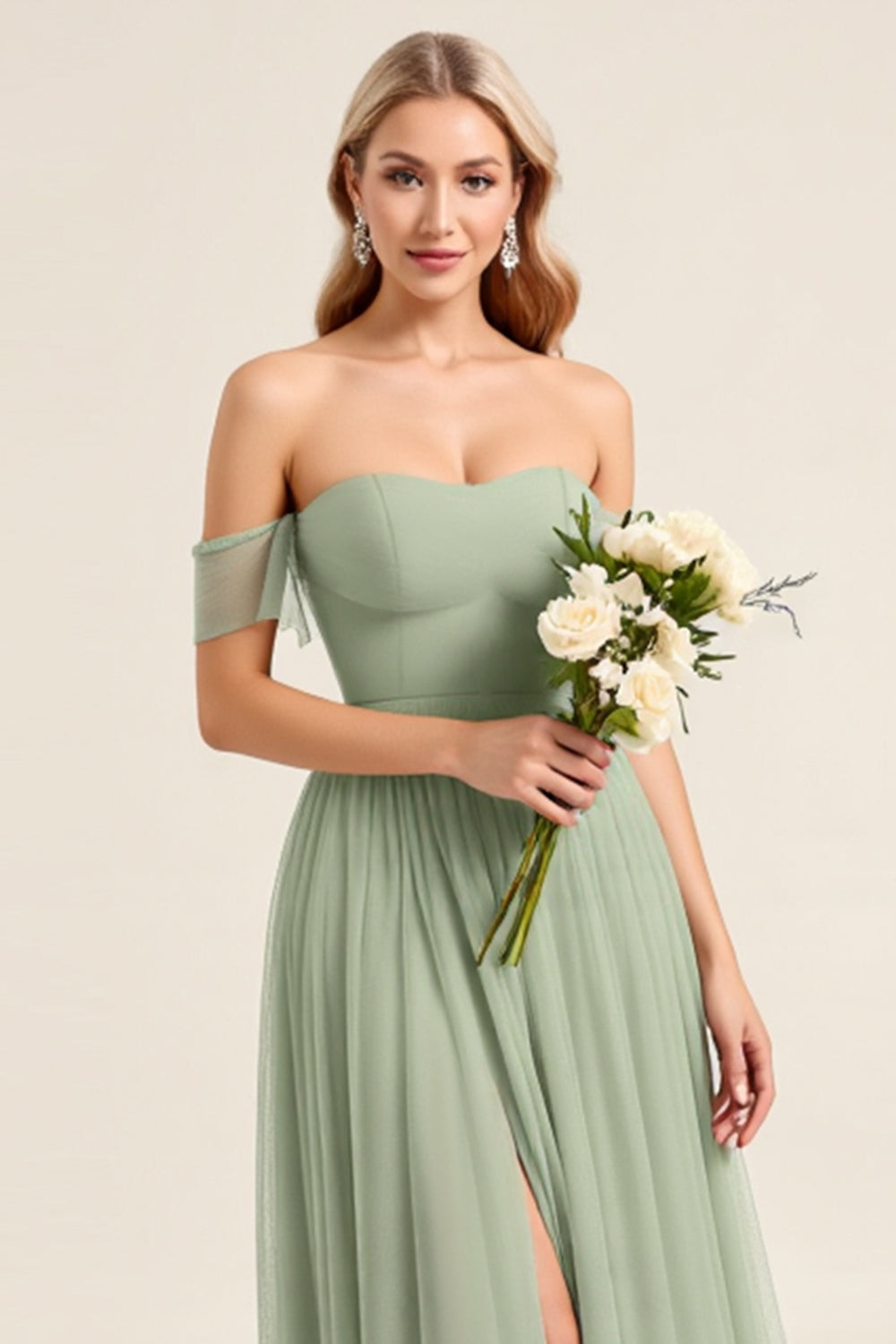 Matcha Chiffon A Line Off The Shoulder Long Bridesmaid Dress with Slit