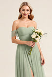 Matcha Chiffon A Line Off The Shoulder Long Bridesmaid Dress with Slit