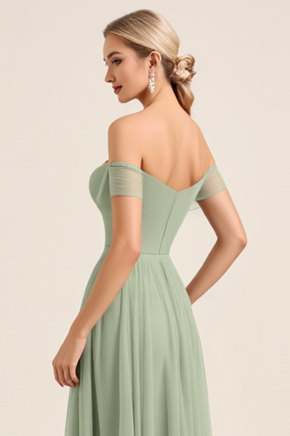Matcha Chiffon A Line Off The Shoulder Long Bridesmaid Dress with Slit
