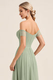 Matcha Chiffon A Line Off The Shoulder Long Bridesmaid Dress with Slit