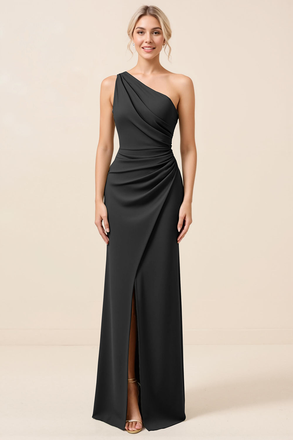 Matcha One Shoulder Chiffon Ruched Long Bridesmaid Dress with Slit