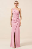 Matcha One Shoulder Chiffon Ruched Long Bridesmaid Dress with Slit