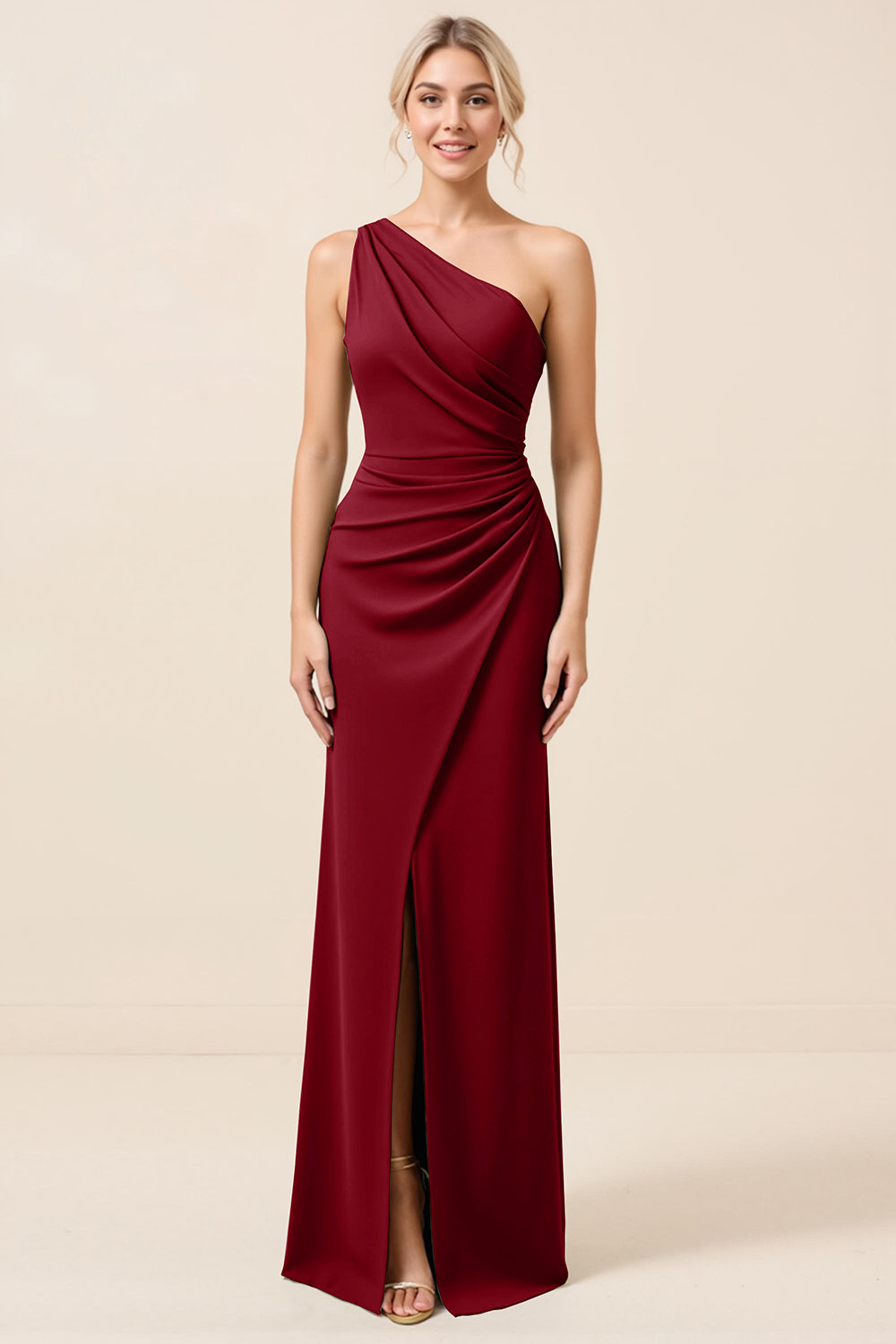 Matcha One Shoulder Chiffon Ruched Long Bridesmaid Dress with Slit