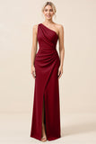 Matcha One Shoulder Chiffon Ruched Long Bridesmaid Dress with Slit