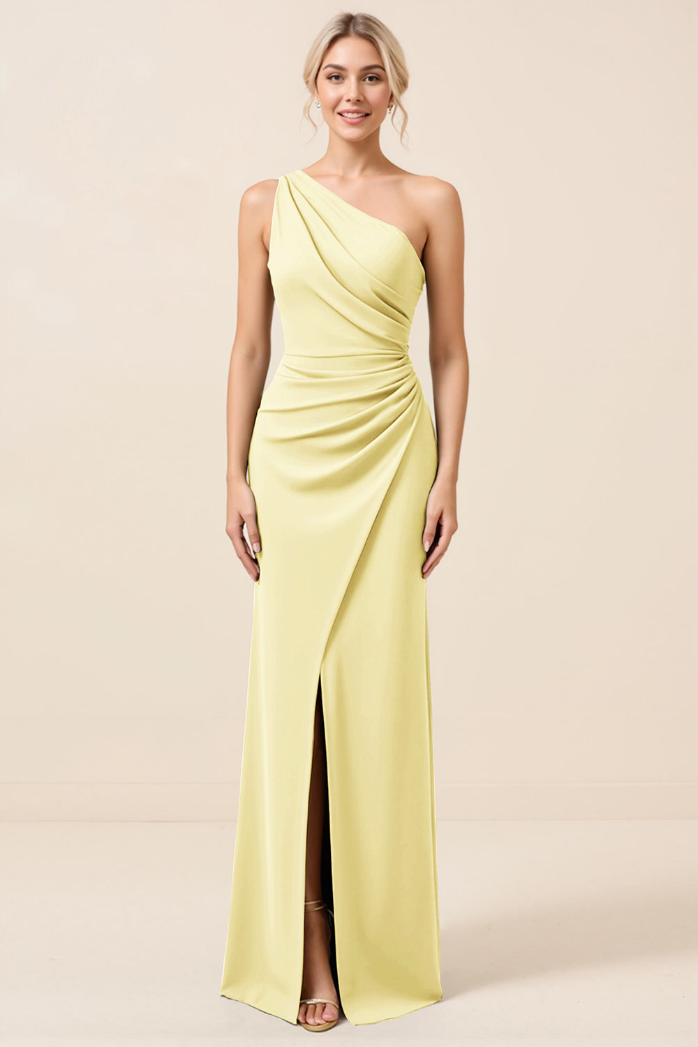 Matcha One Shoulder Chiffon Ruched Long Bridesmaid Dress with Slit