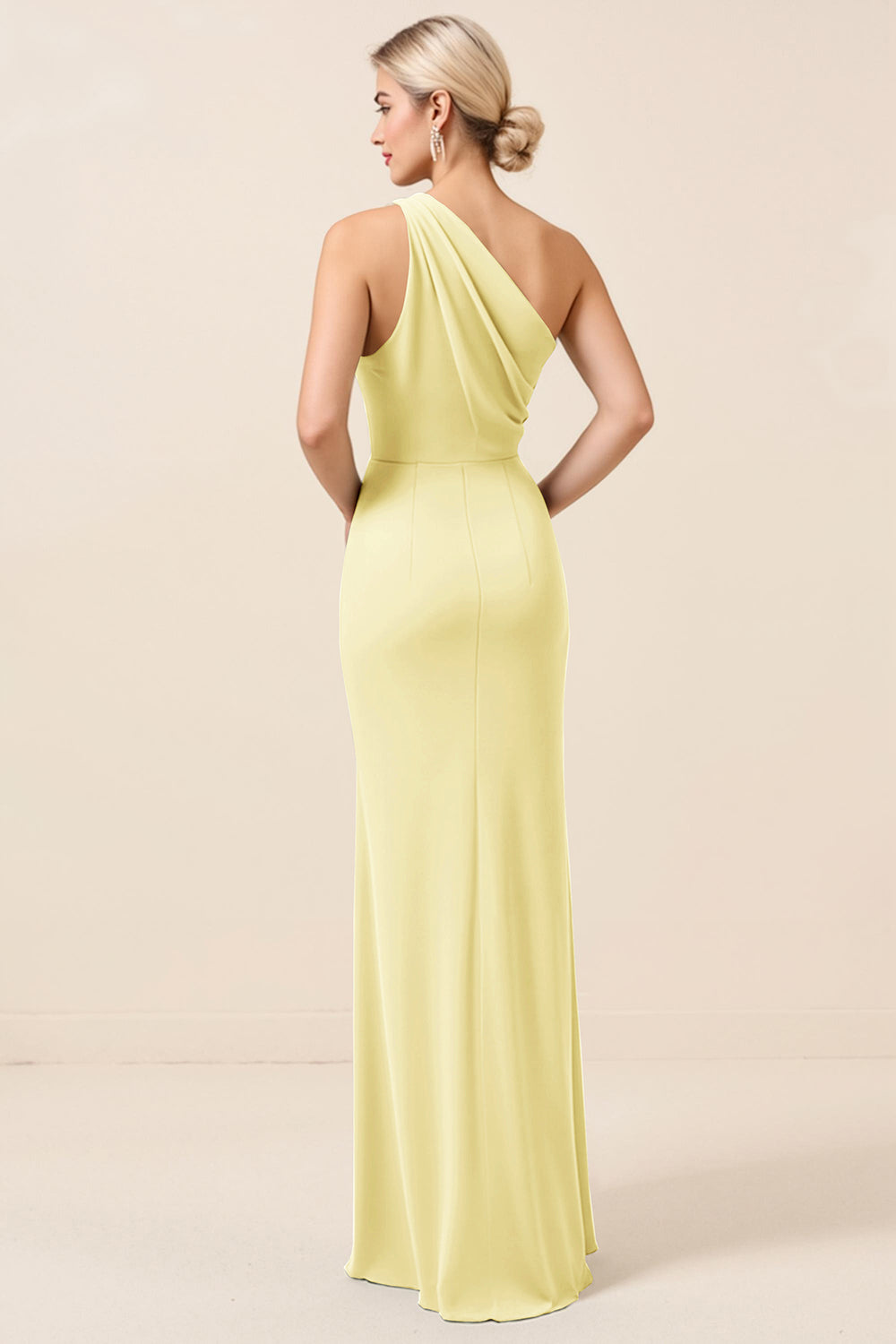 Matcha One Shoulder Chiffon Ruched Long Bridesmaid Dress with Slit
