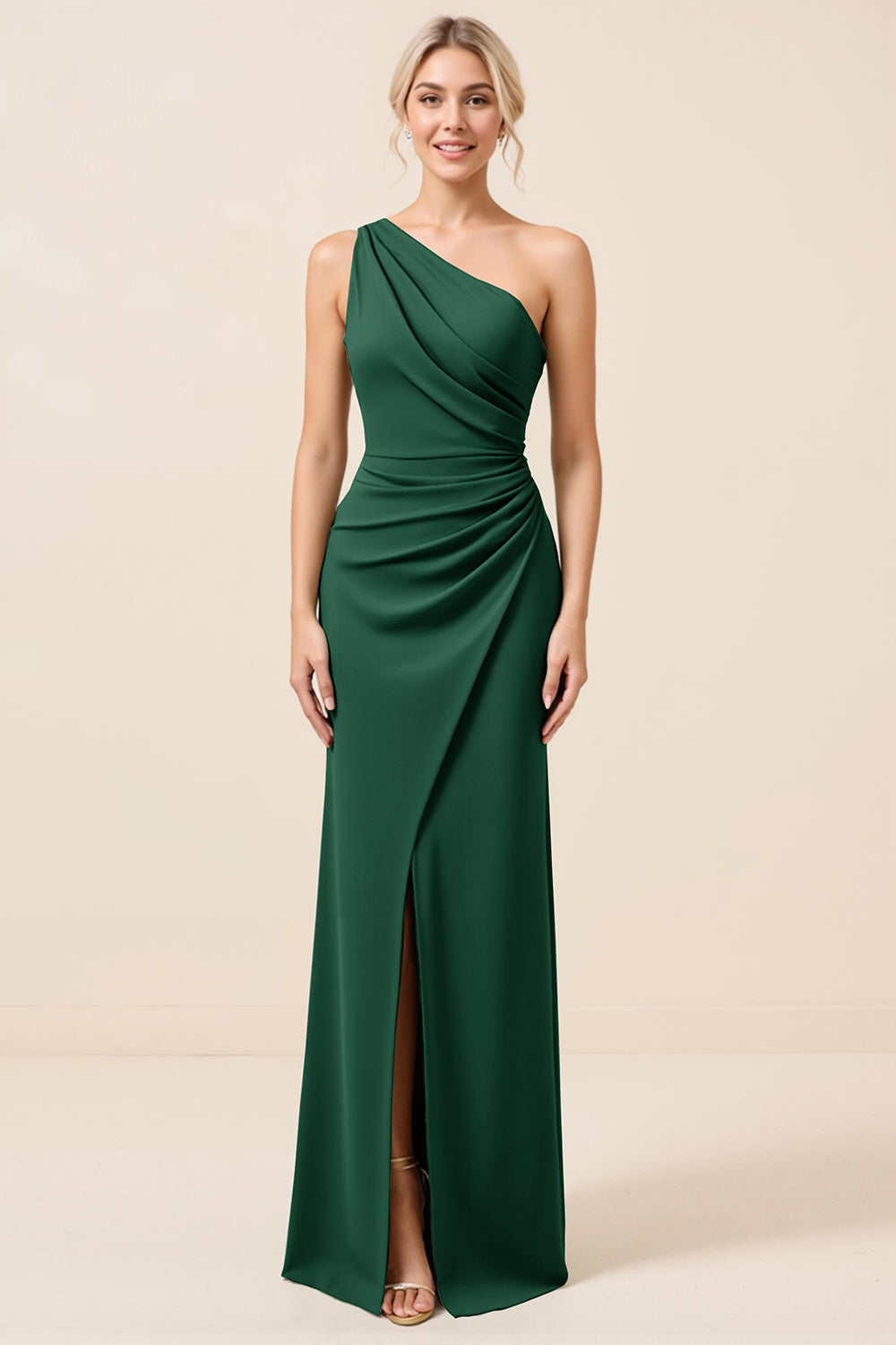Matcha One Shoulder Chiffon Ruched Long Bridesmaid Dress with Slit