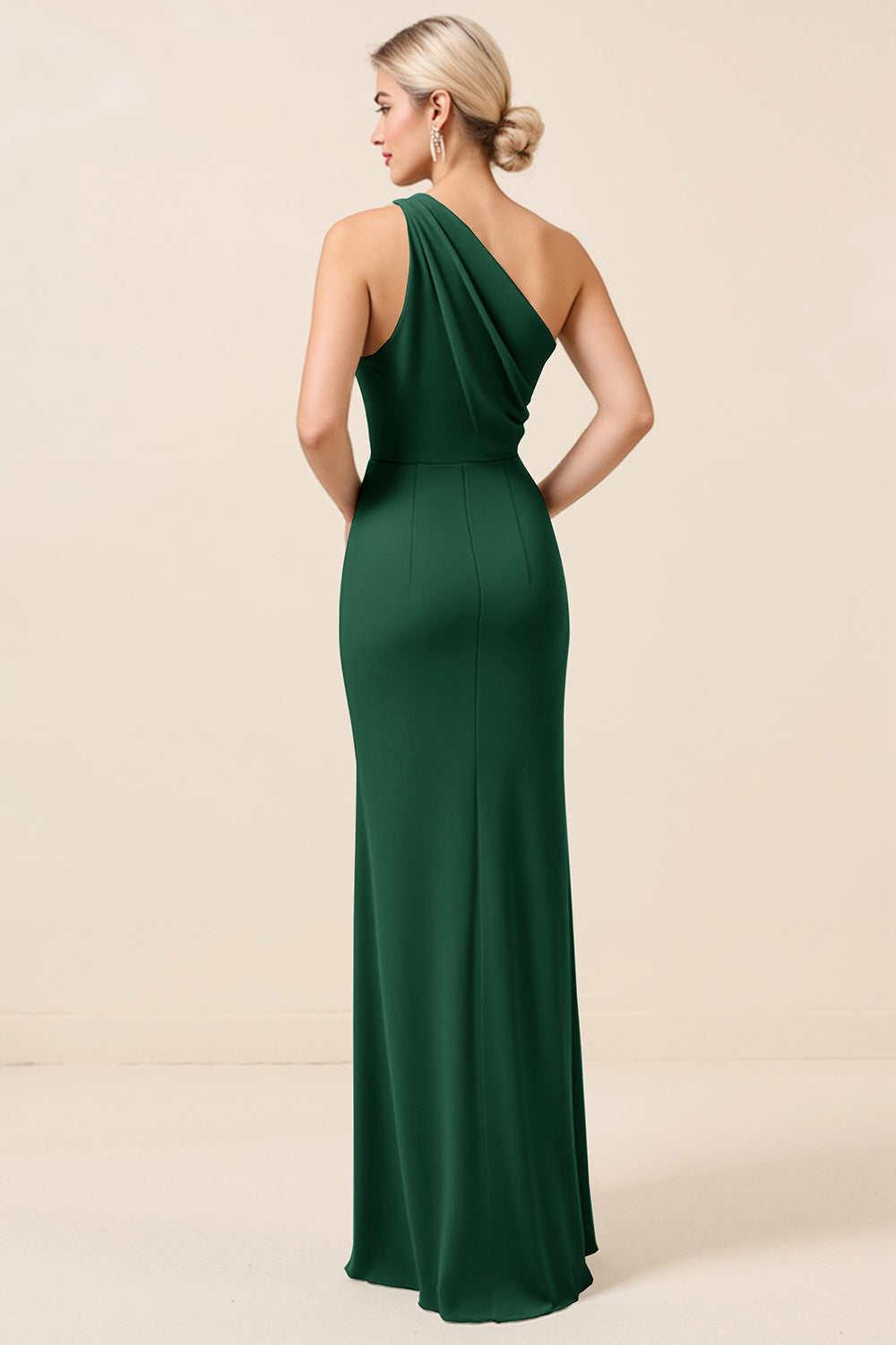 Matcha One Shoulder Chiffon Ruched Long Bridesmaid Dress with Slit